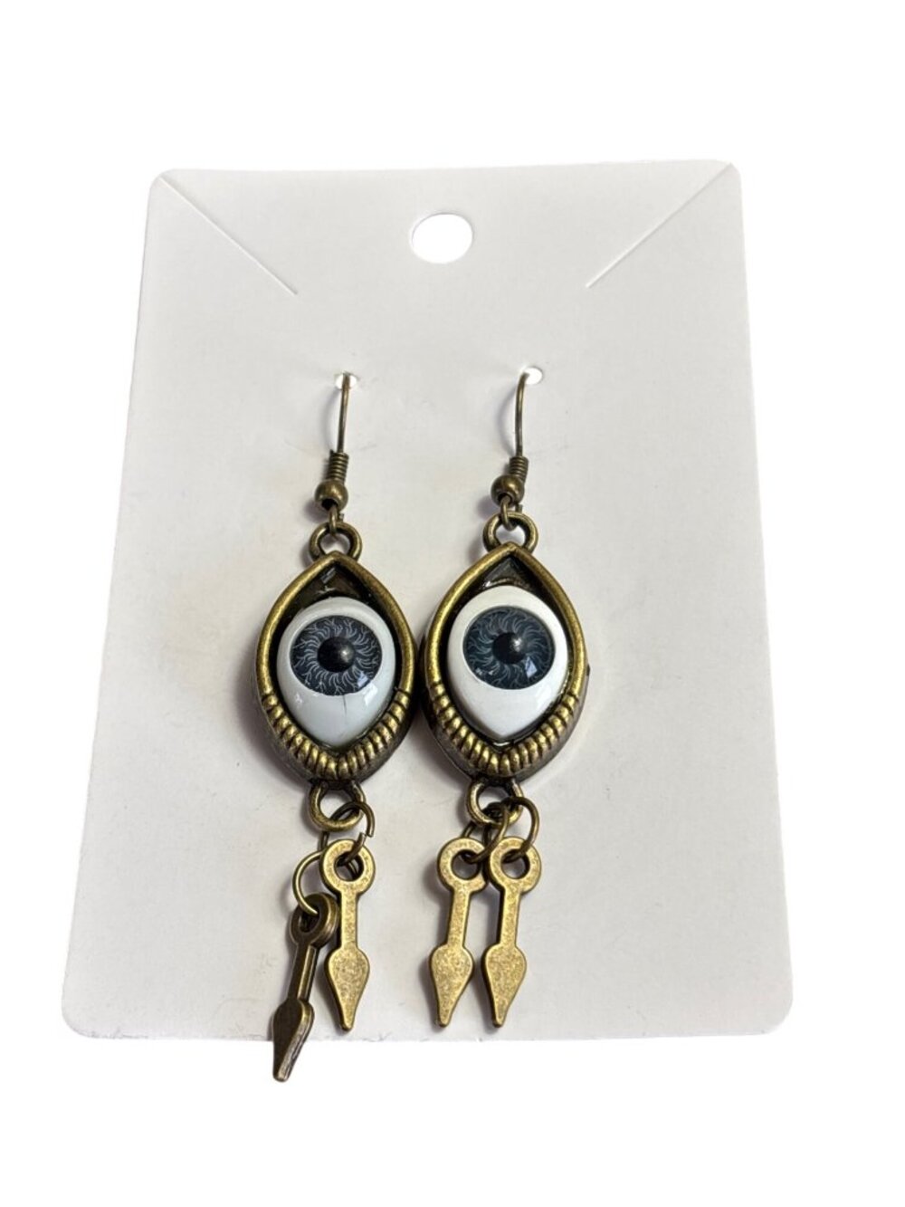 Novelty Boho Eye Dangle Earrings Purple Goldtone Arrows 2 inches